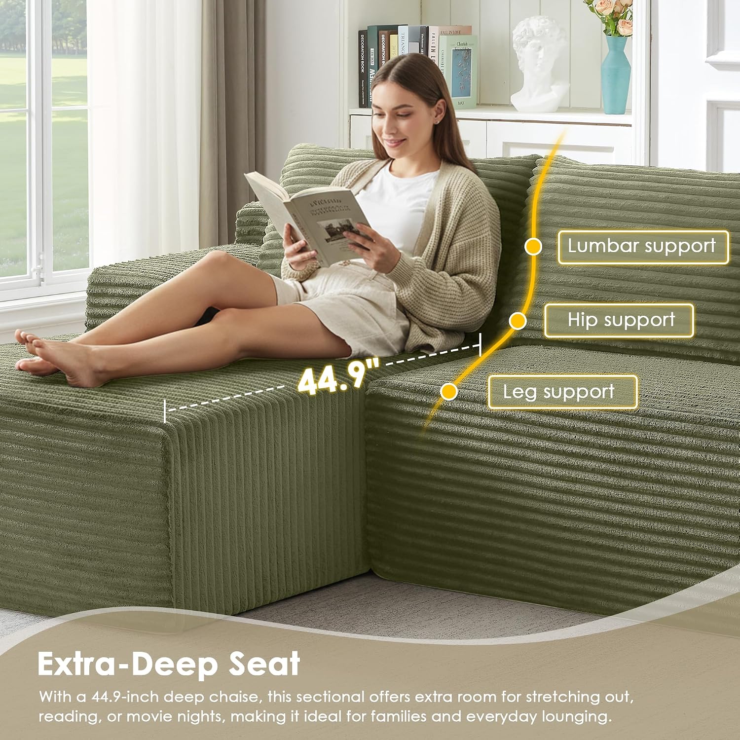 Modular Sectional Sofa Couches, 96' L-Shaped Cloud Boneless Couch with Left Chaise Lounge & Side Pockets for Living Room | No Assembly Required | Corduroy Fabric, Green