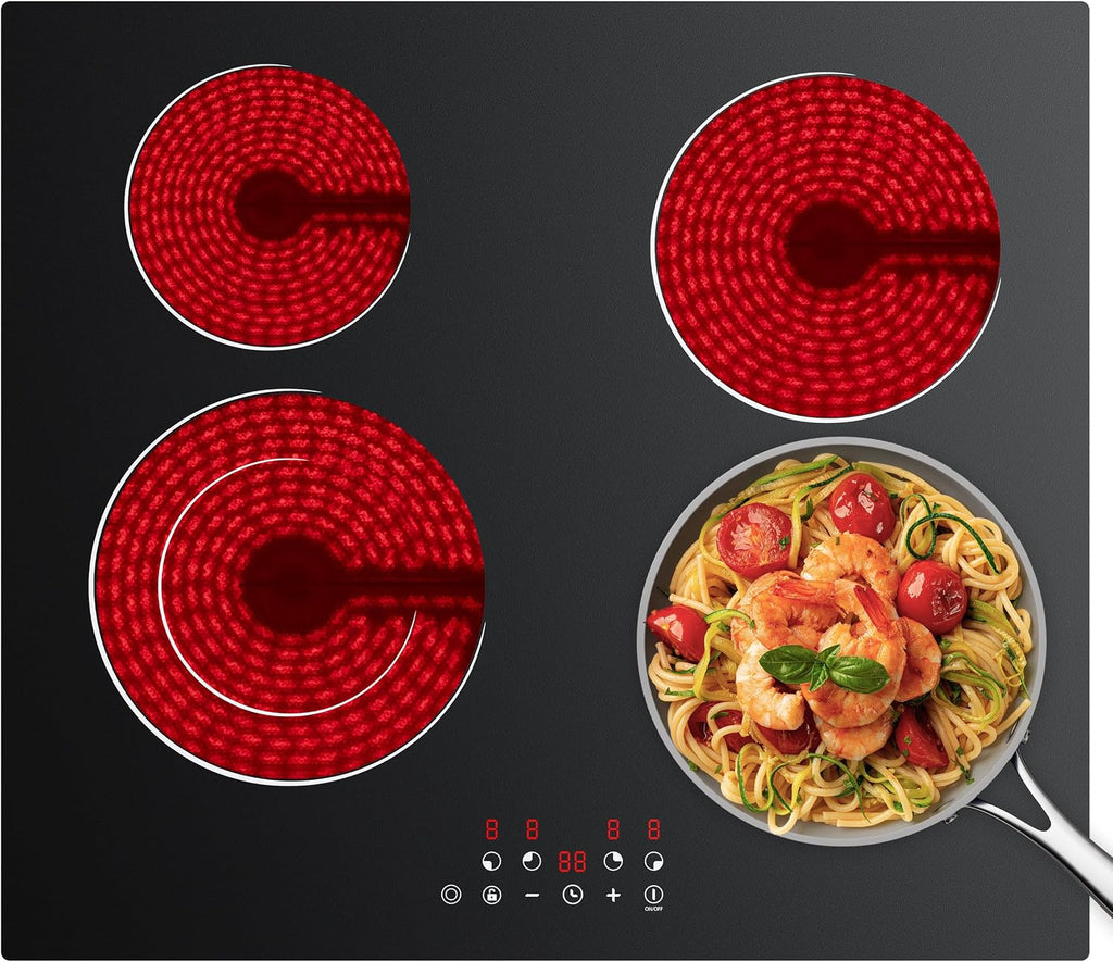 CDV Electric Cooktop 4 Burner 24 Inch, 6400W Built-in Ceramic Electric Stove Top, 220-240v Radiant Cooktop with 9 Heat Levels, 99min Individual Timer, Child Lock & Multiple Safety Protection (No Plug)