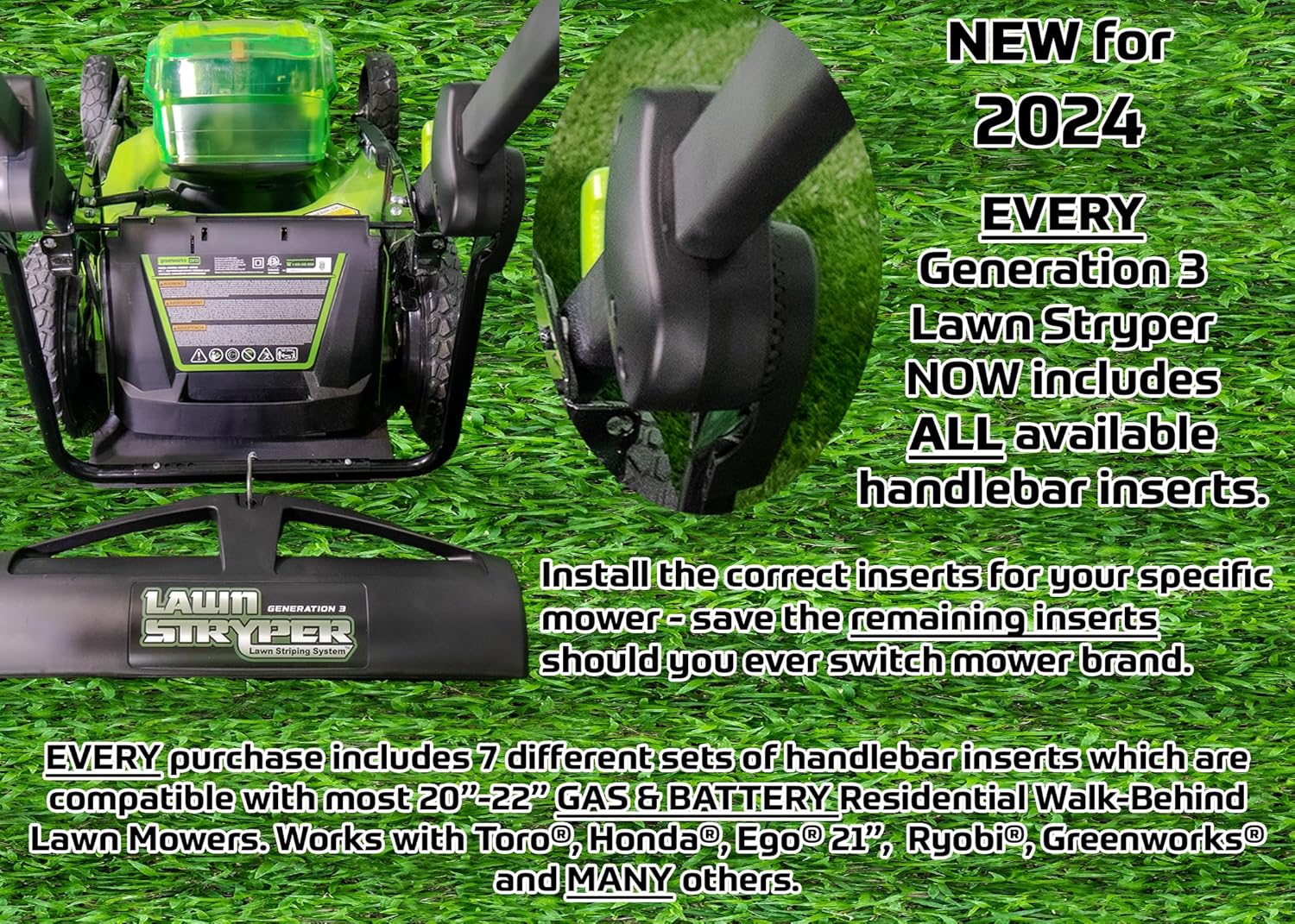Lawn Striping System – UNIVERSAL FIT - Works with Most 20'-22' Gas & Battery Residential Walk-Behind Mowers (Mounting Brackets for over 40 Major Brands Included in Box – See List Below)