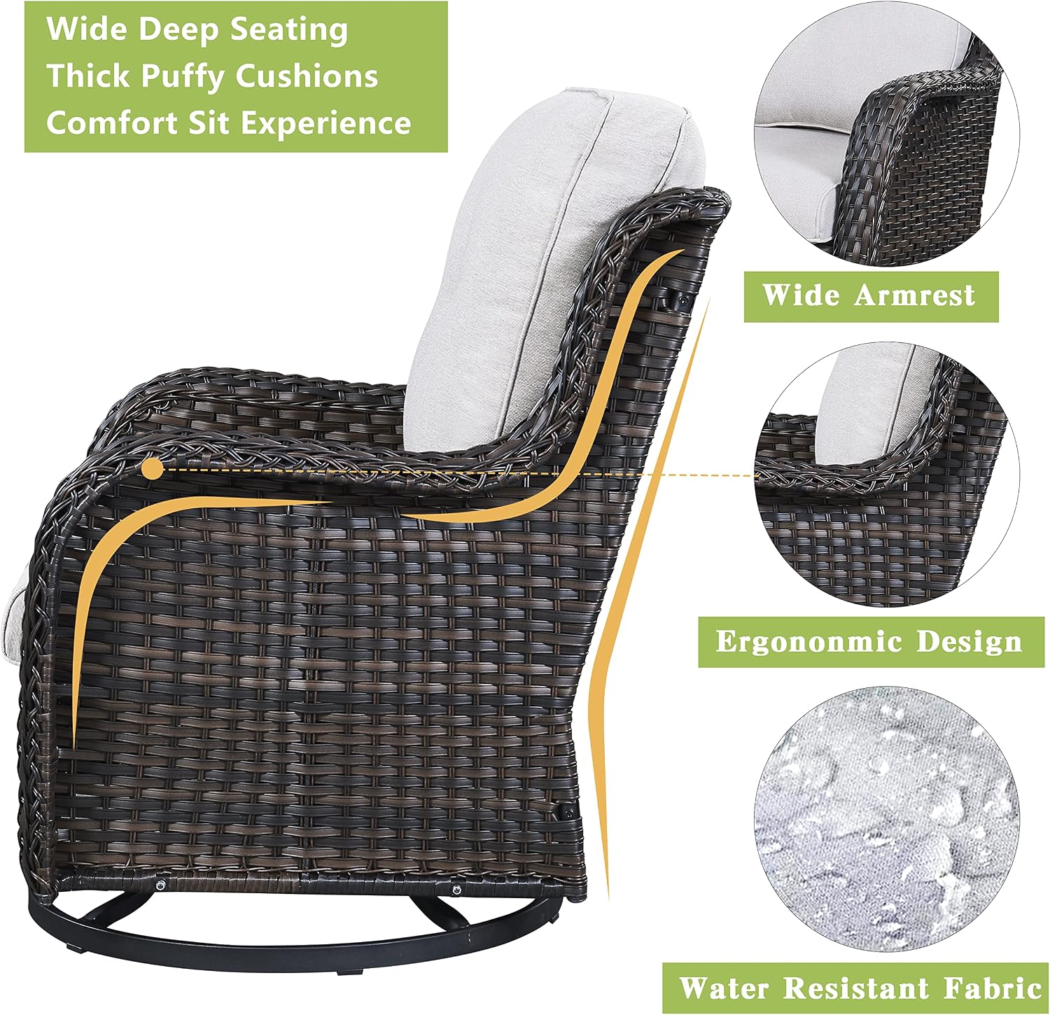 Rilyson Wicker Rocking Chair Swivel Chairs - 2 Piece Rocker Patio Chairs Set Rattan Rocking Chair for Outdoor Porch Deck Garden Backyard (Brown/Beige)