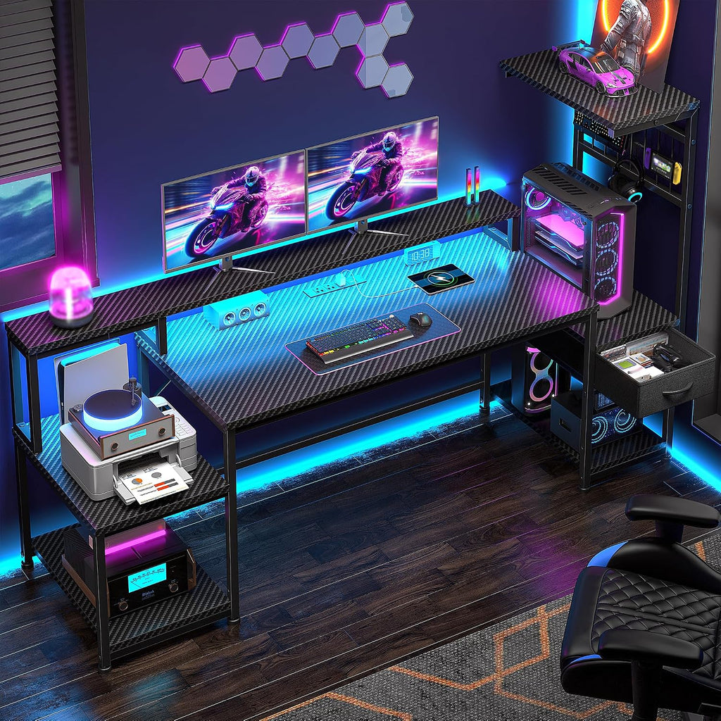DurayLoly 55' Gaming Desk with LED Lights & Outlets,Computer Desk with Drawers & Monitor Stand,Gaming Table with 3 Storage Shelves, Hooks& Printer Space for Game&Study Room,Home Office,Bedroom,Black