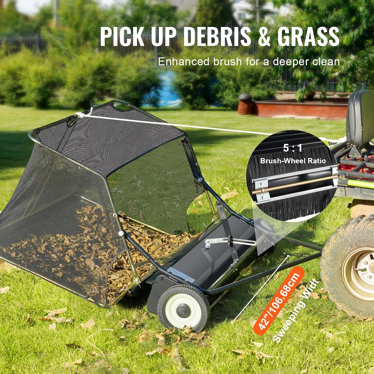 VEVOR 42 Inch Lawn Sweeper Tow Behind, 12 cu.ft. Large Pull Behind Grass Sweeper, Heavy Duty Leaf & Grass Collector with Dumping Rope Design, Adjustable Sweeping Height for Picking Up Debris & Grass