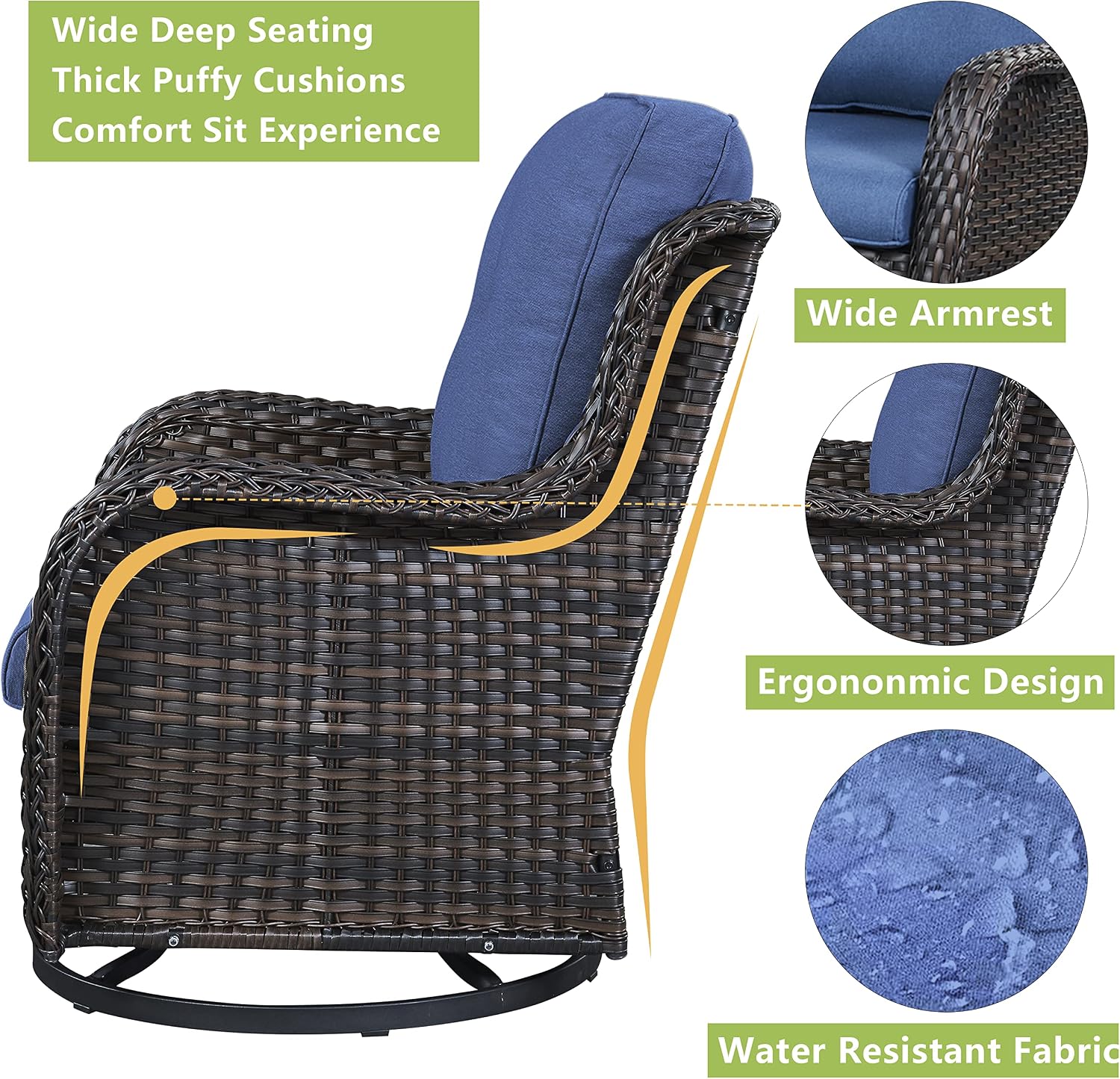 Rilyson Wicker Rocking Chair Swivel Chairs - 2 Piece Rocker Patio Chairs Set Rattan Rocking Chair for Outdoor Porch Deck Garden Backyard (Brown/Blue)