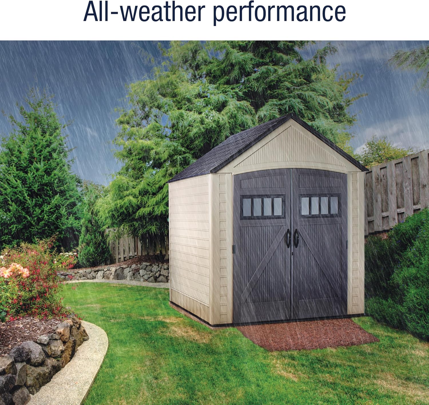 Rubbermaid Resin Outdoor Storage Shed with Floor (7 x 7 Ft) Weather Resistant, Brown Gable, Organization for Home/Backyard/Garden Tools/Lawn Mower/Bike Storage/Pool Supplies