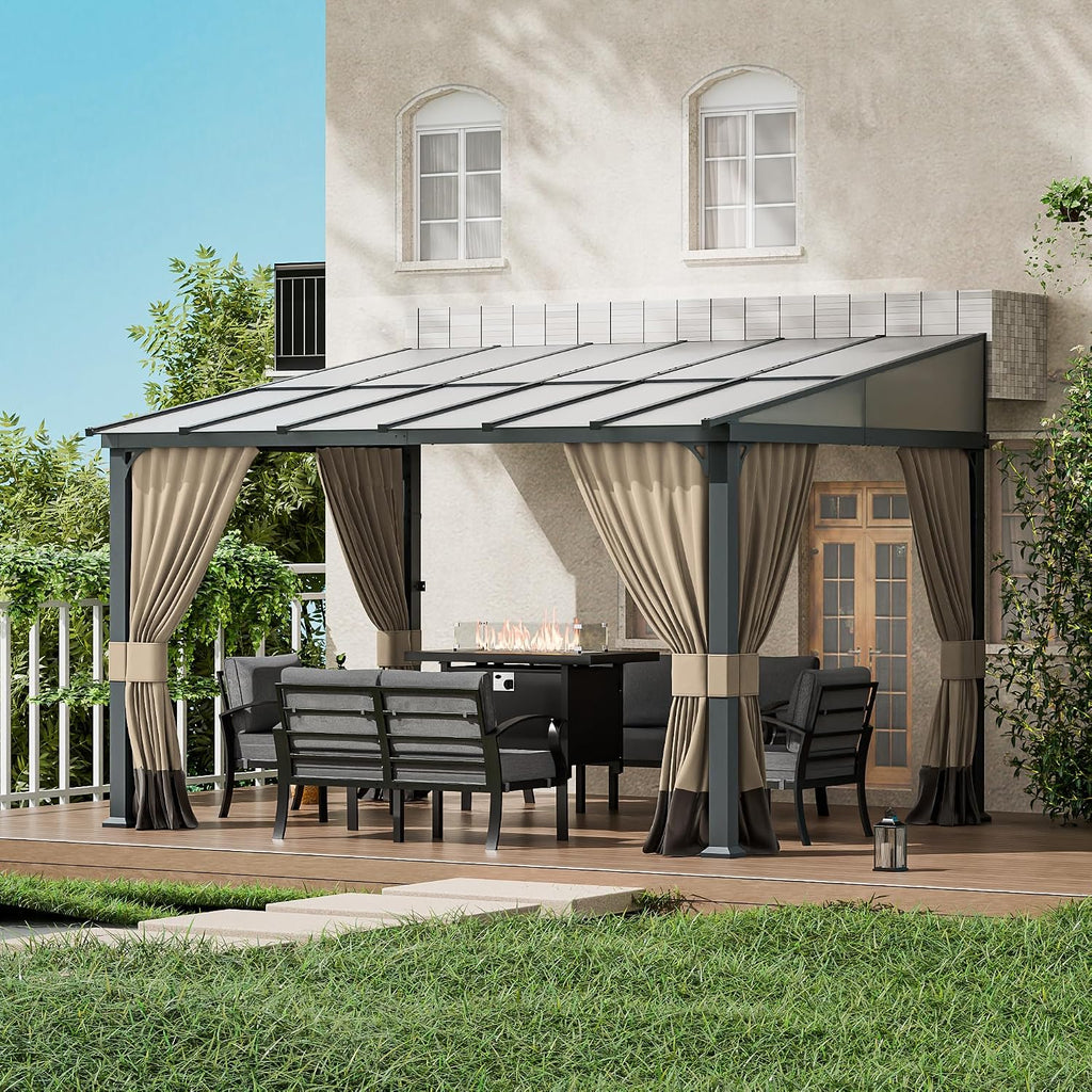 10x12FT Gazebo, Hardtop Wall Mounted Gazebo with Sloping Sun Panel Roof, Awnings for Patio with Metal Frame, Double Curtains for Garden, Lawn, Backyard Deck, Sand