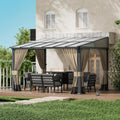 10x12FT Gazebo, Hardtop Wall Mounted Gazebo with Sloping Sun Panel Roof, Awnings for Patio with Metal Frame, Double Curtains for Garden, Lawn, Backyard Deck, Sand