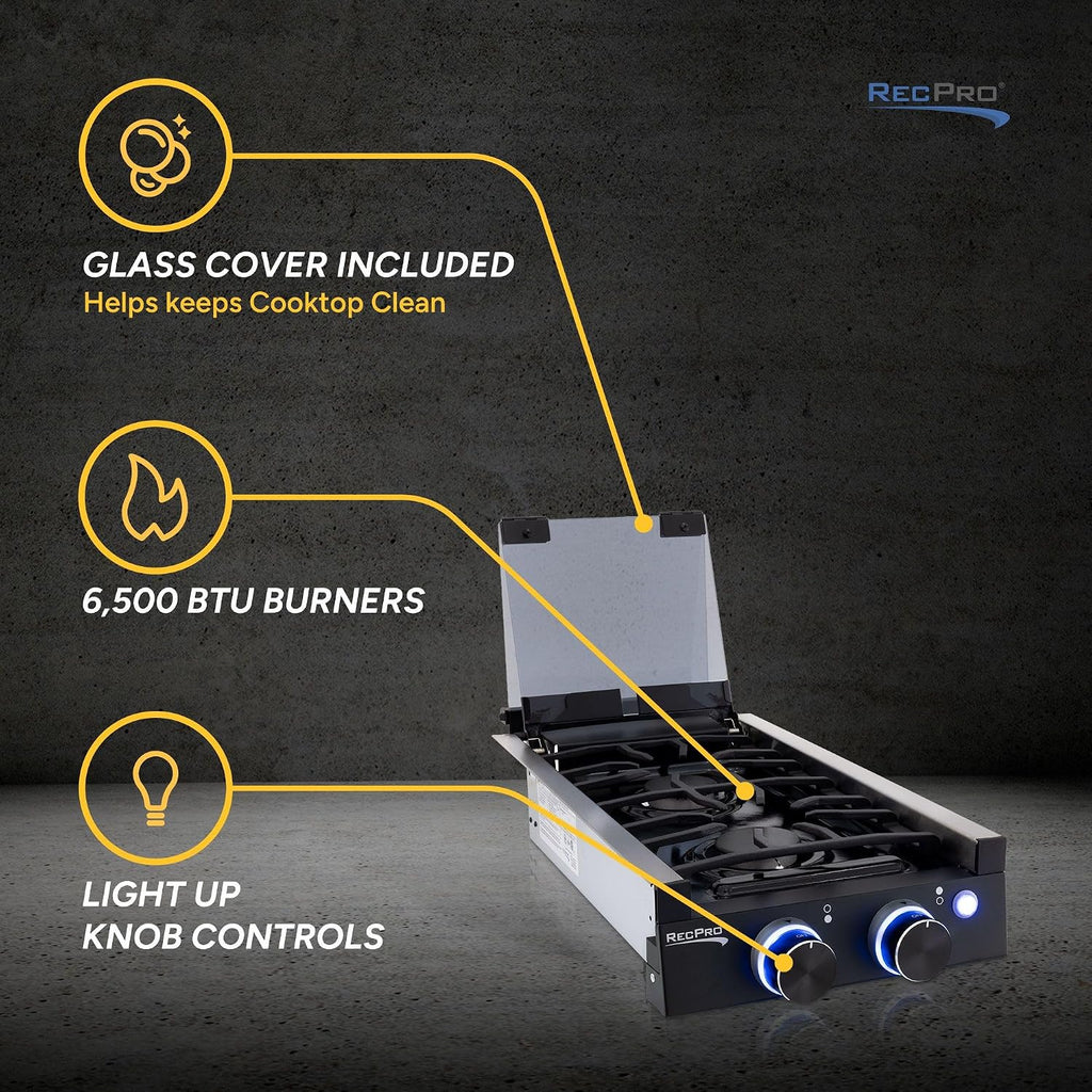 RecPro RV Built In Gas Cooktop | 2 Burner or 3 Burner | RV Cooktop Stove | 6,500 and 8,000 BTU Burners | Cover Included (2 Burner Black)