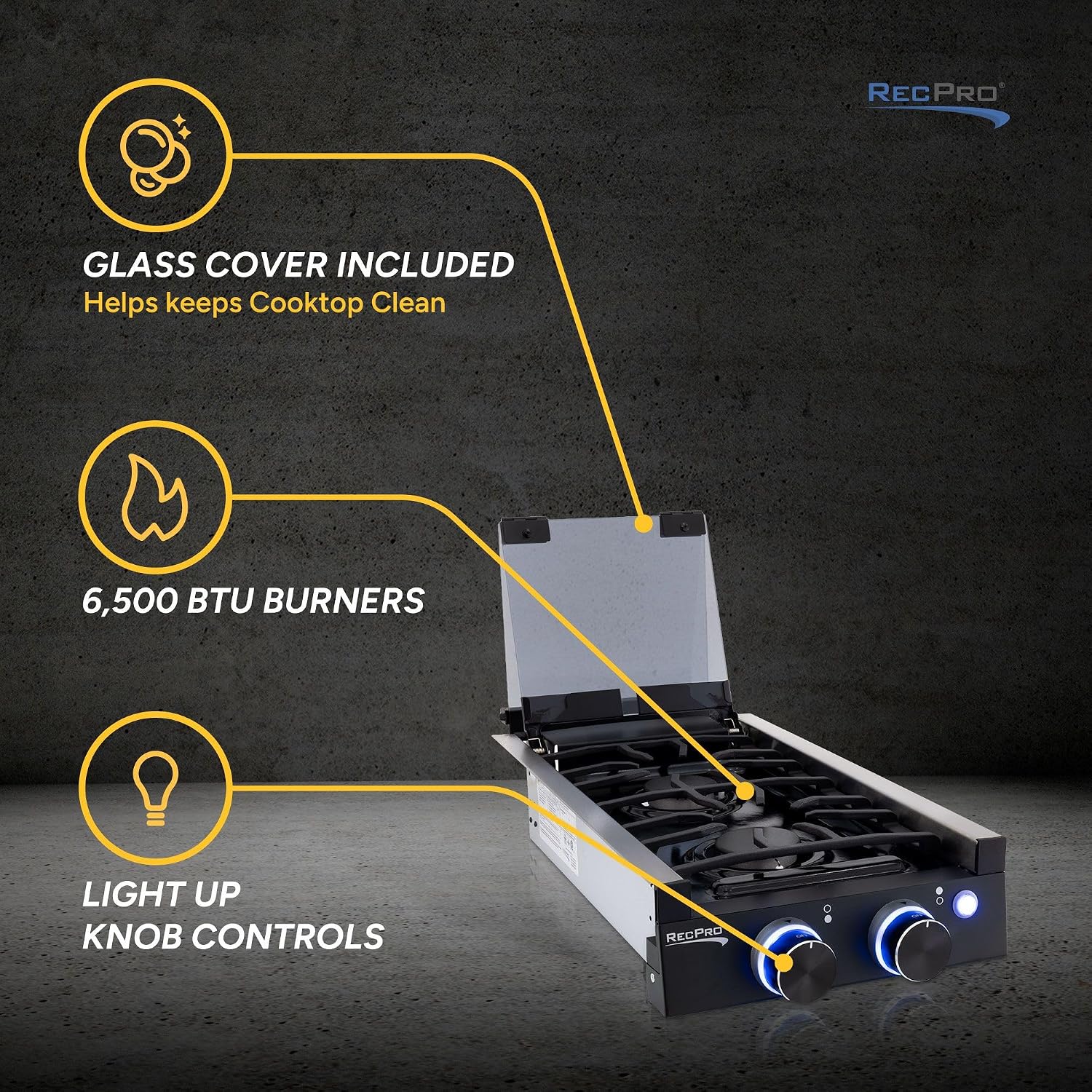 RecPro RV Built In Gas Cooktop | 2 Burner or 3 Burner | RV Cooktop Stove | 6,500 and 8,000 BTU Burners | Cover Included (2 Burner Black)