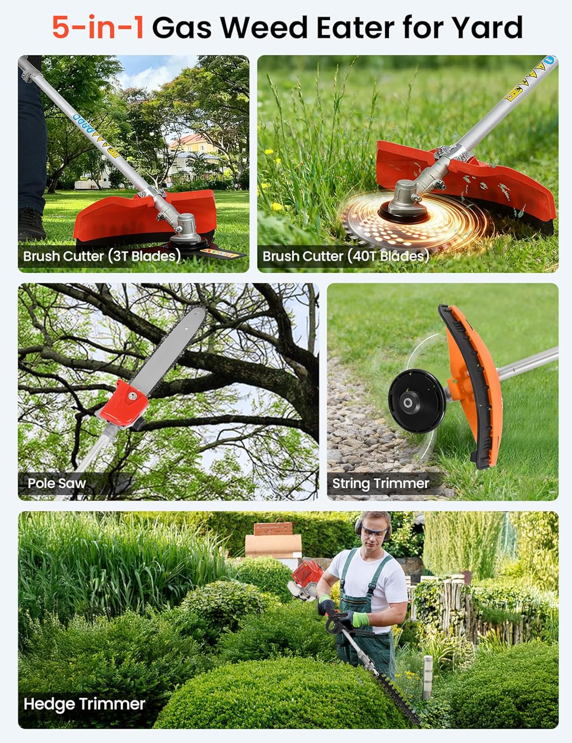 5 in 1 Weed Eater Gas Powered - 52CC 2-Stroke Gas Hedge Trimming Tools, Weed Wacker, String Trimmer, Brush Cutter, Edger, Pole Saw Pruner with Extension Pole with EPA & CE-MD Certification