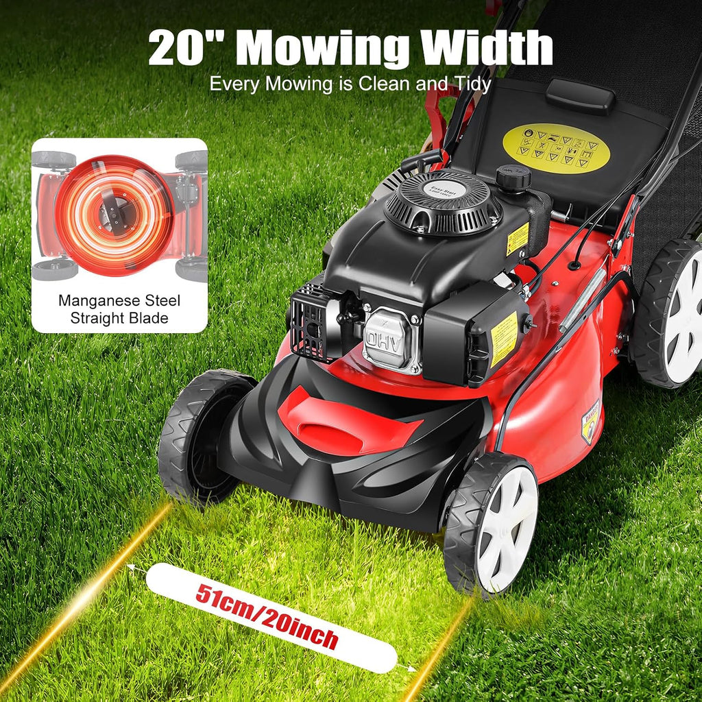 20In 6HP Gas Lawn Mower Self Propelled, 140cc 4-Stroke Gas Push Mower, with 1.6L Fuel Tank, 8 Adjustable Heights, Ideal for Small to Medium Sized Gardens
