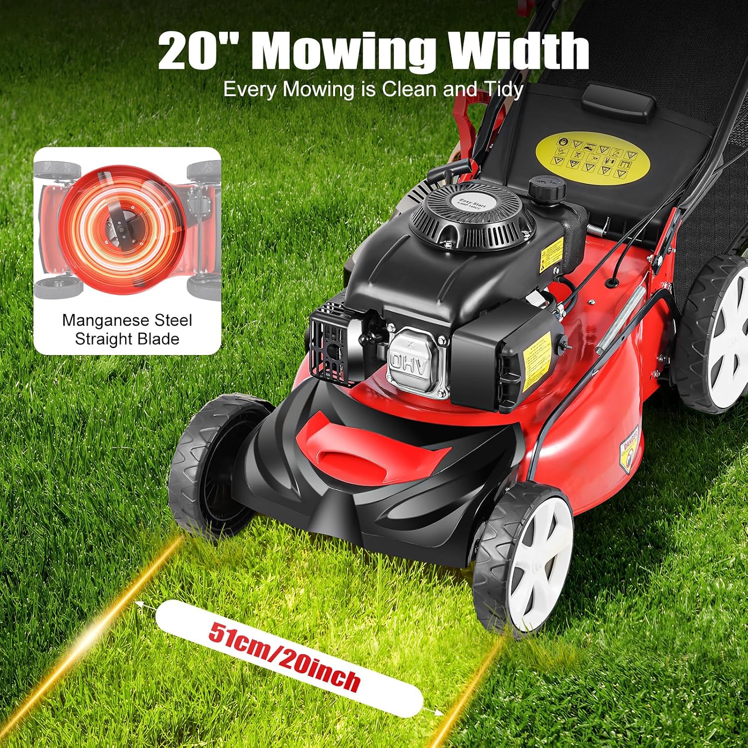 20In 6HP Gas Lawn Mower Self Propelled, 140cc 4-Stroke Gas Push Mower, with 1.6L Fuel Tank, 8 Adjustable Heights, Ideal for Small to Medium Sized Gardens