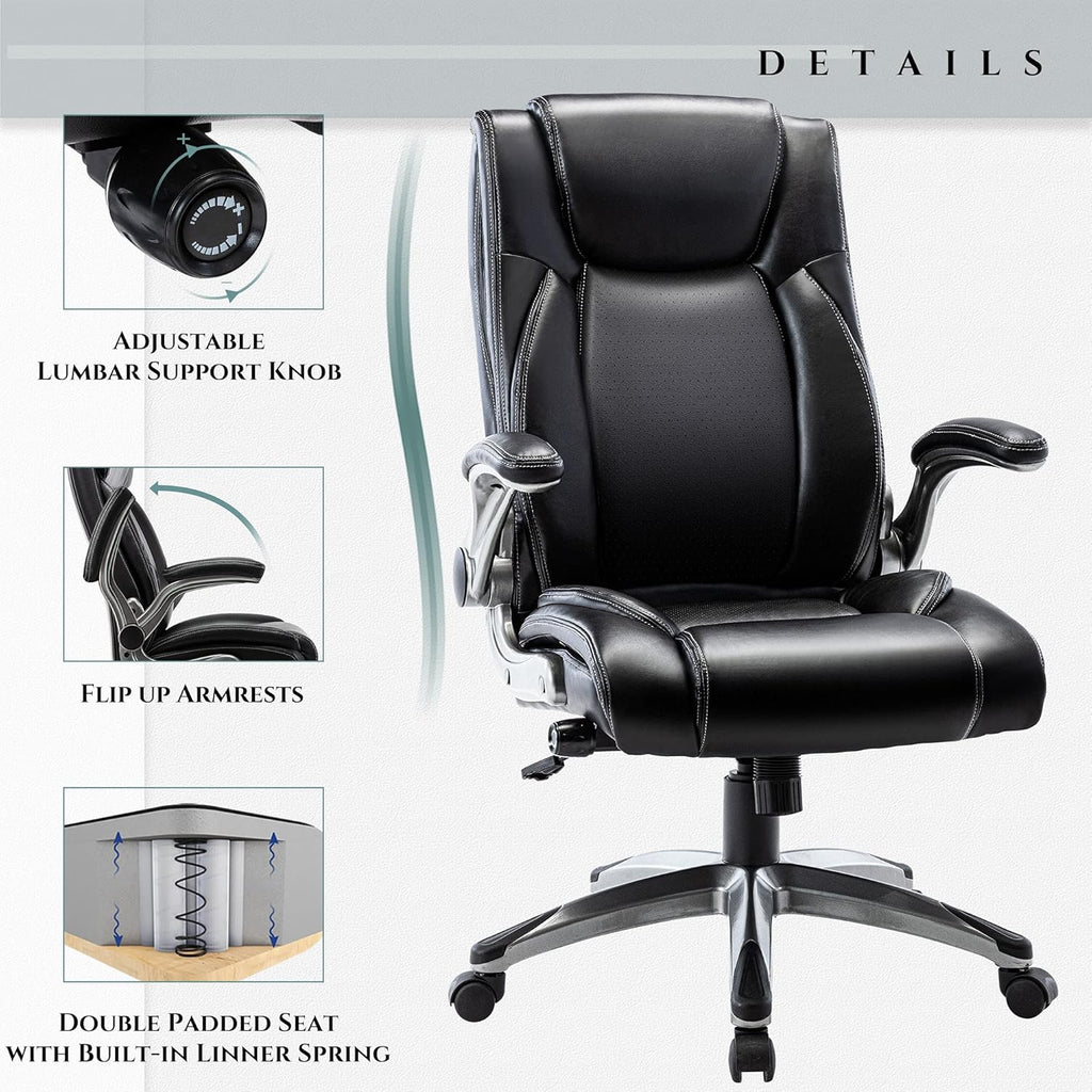 COLAMY Office Desk Chair, Ergonomic Computer Chair with Padded Flip-Up Arms and Thick Cushion, Leather office chair with High Back Adjustable Height and Tilt for Working for Working, Study, Gaming,2PC