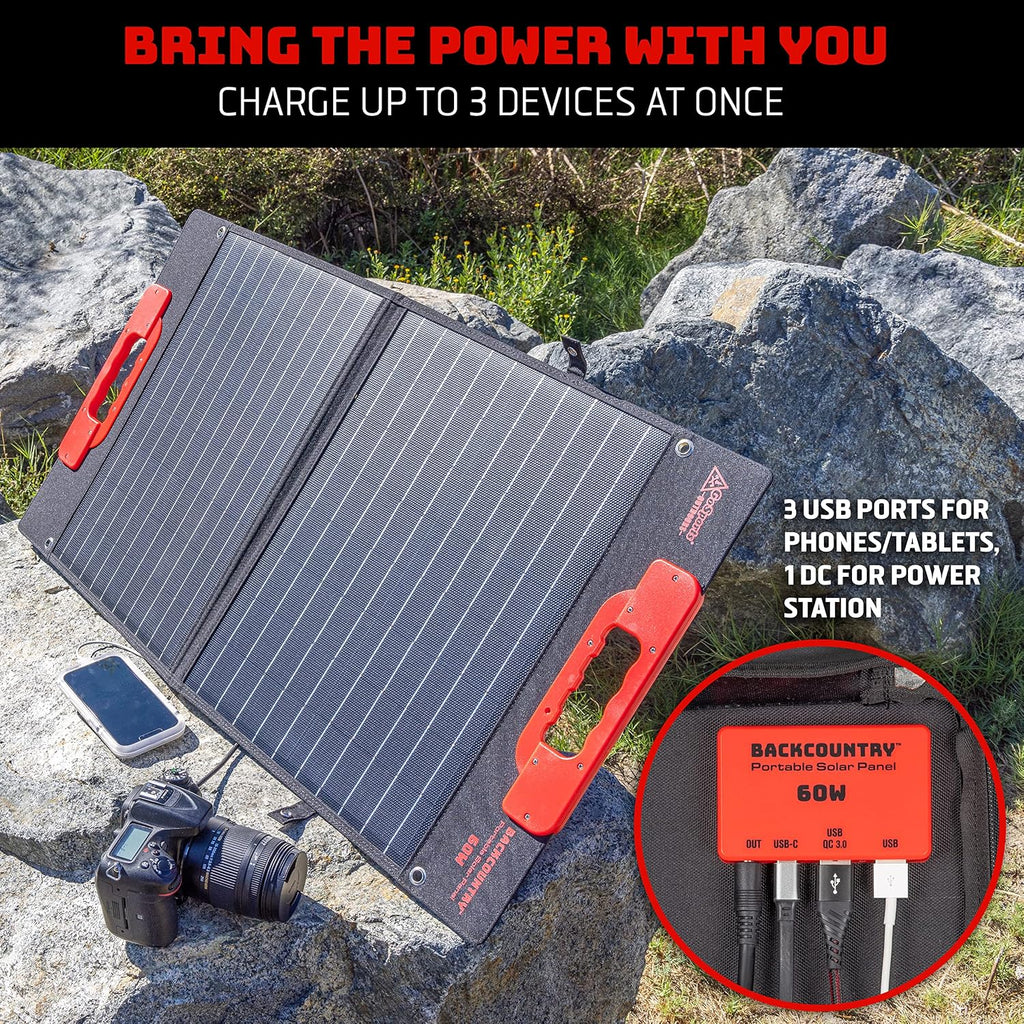 Backcountry Portable Solar Panels, 110W or 60W - IP65 Water Resistant Solar Charger with 3 USB Ports for Phones and DC Out for Power Stations