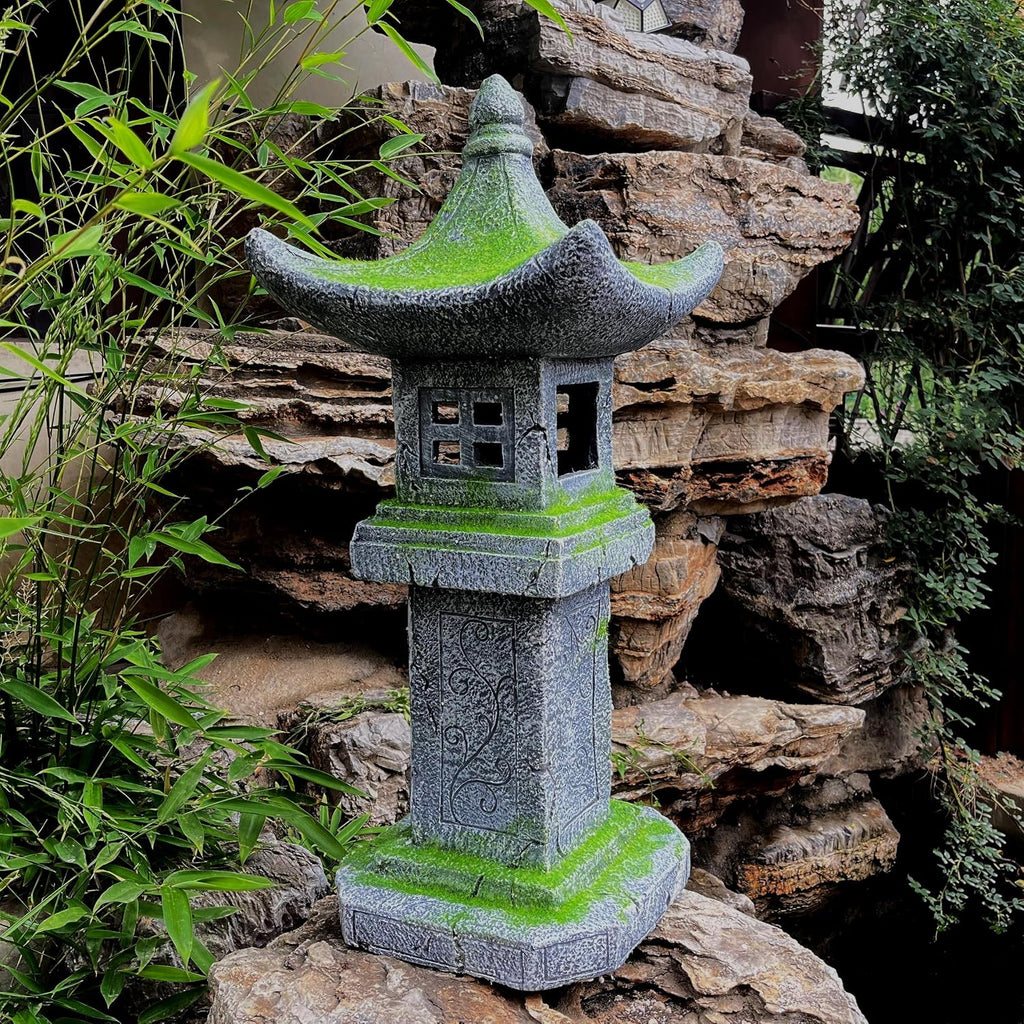 31.5''High Japanese Pagoda Statue Moss-Covered Retro Miniature Tower Lantern Garden Decoration Figurines Outdoor Asian Decoration Zen Courtyard Landscape…