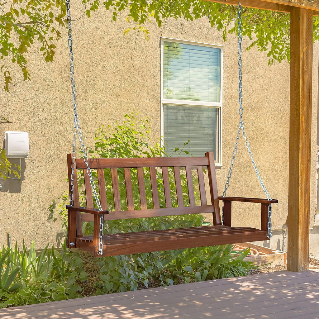MUPATER Outdoor Patio Hanging Wooden Porch Swing 4FT with Chains, 2-Person Heavy Duty Swing Bench for Garden and Backyard, Wood Brown