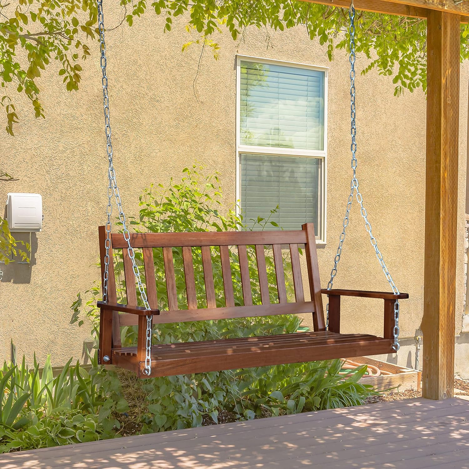 MUPATER Outdoor Patio Hanging Wooden Porch Swing 4FT with Chains, 2-Person Heavy Duty Swing Bench for Garden and Backyard, Wood Brown