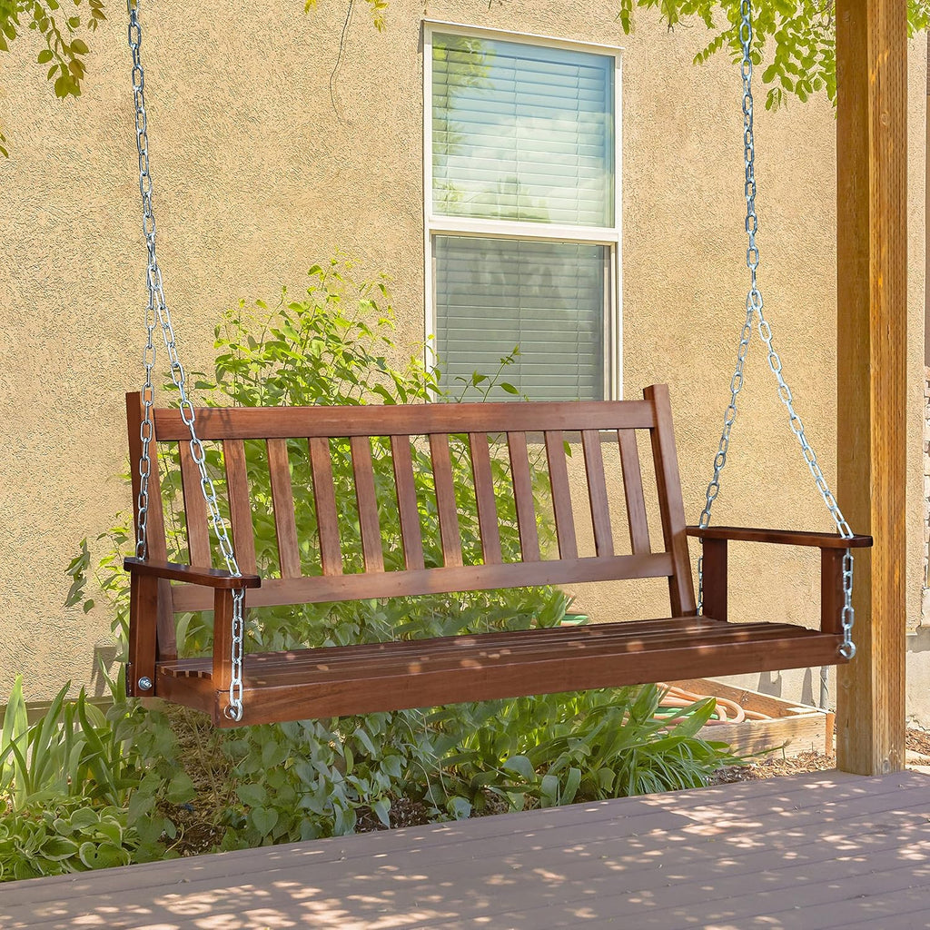 MUPATER Outdoor Patio Hanging Wooden Porch Swing 5FT with Chains, 3-Person Heavy Duty Swing Bench for Garden and Backyard, Wood Brown