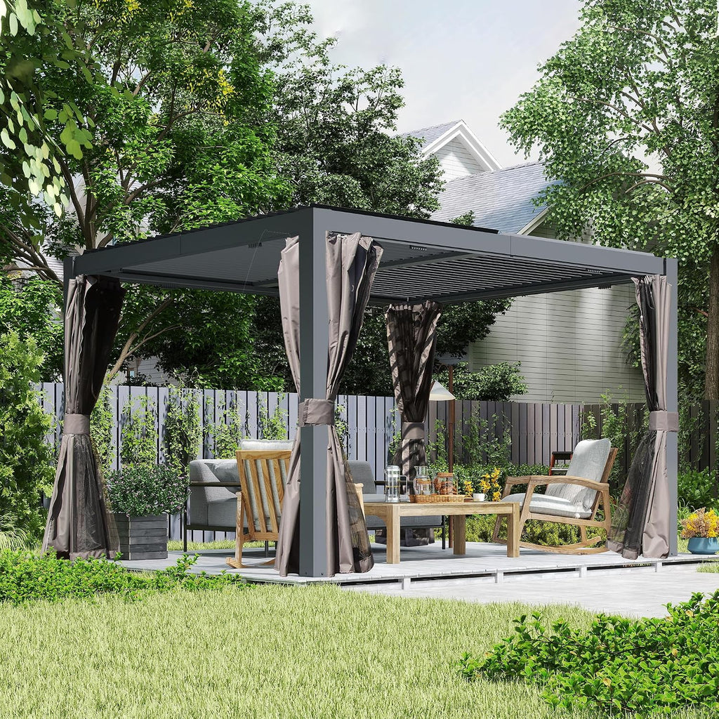 Domi Outdoor Pergola 10' x 12', Aluminum Louvered Pergola with Adjustable Louvers, Full Aluminum Frame, Built-in Gutter System, Modern Patio Gazebo for Deck Garden Patio, Gray