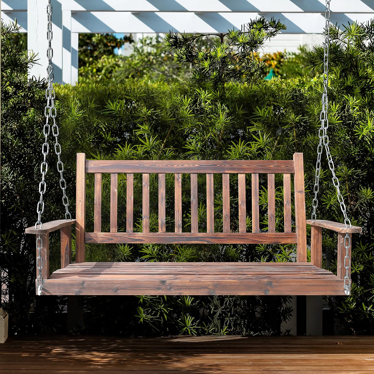 MUPATER Outdoor Patio Hanging Wooden Porch Swing 5FT with Chains, 3-Person Heavy Duty Swing Bench for Garden and Backyard, Rustic