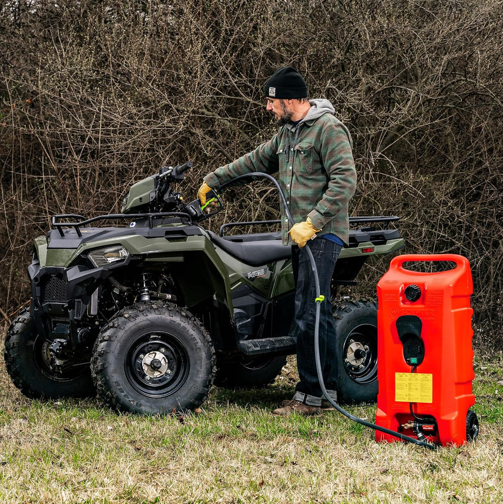 Scepter 14 Gallon Gas Caddy with Electric Fuel Pump, Flo 'N Go Powered Portable Fuel Tank with Fill-Rite Transfer Pump and 10-Foot Hose for Farm, Marine, Commercial, and Home Use, Red